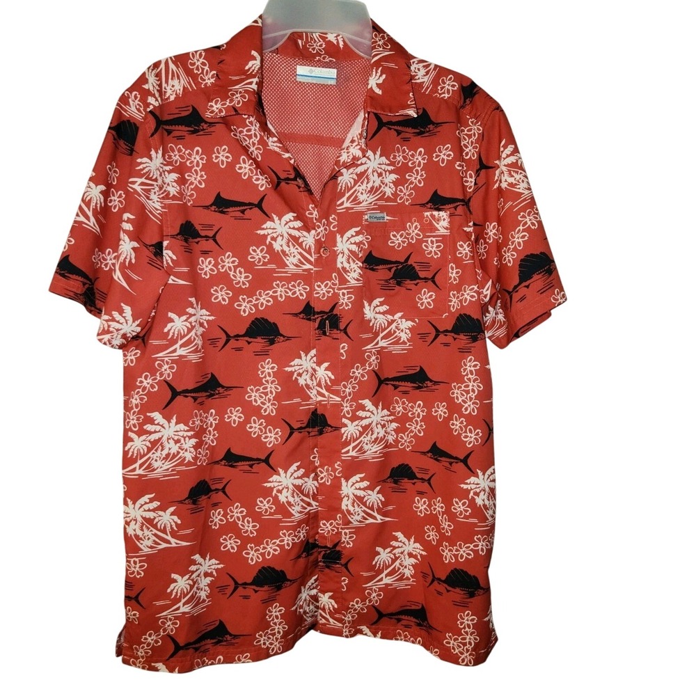 Columbia PFG Mens Hawaiian Aloha Shirt SM Red White Black Swordfish Floral Palms